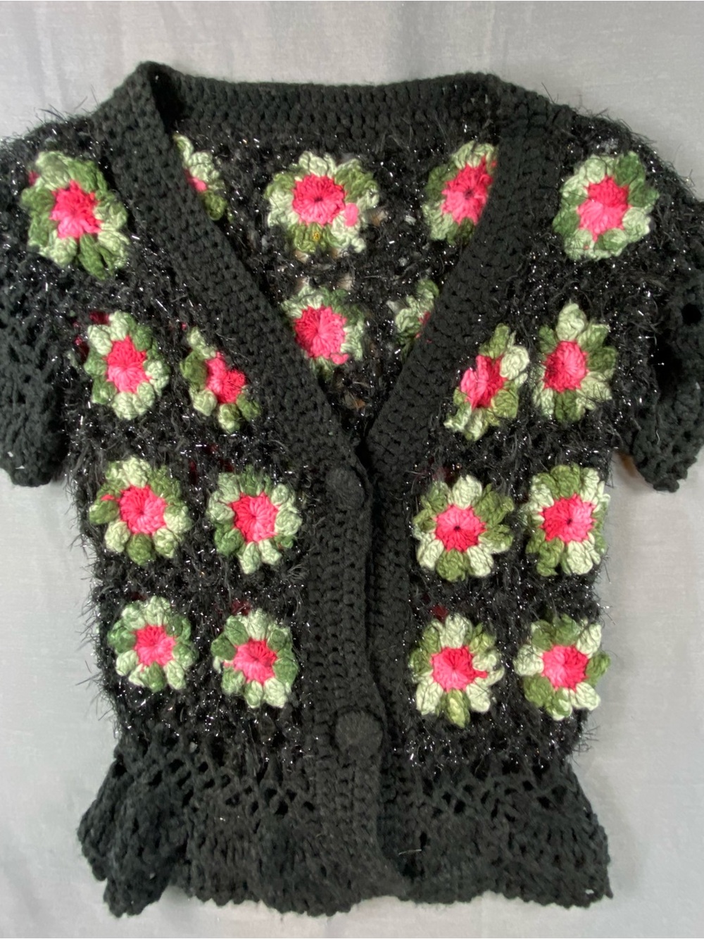 Black Crochet Floral Short-Sleeve Cardigan with Pink & Green Accents
